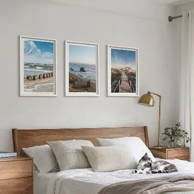 Composizione di quadri con paesaggio del molo e passeggiata sulla spiaggia