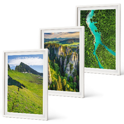 Set di 3 quadri Montagne verdi, rocce di fiume