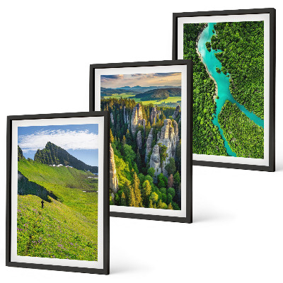 Set di 3 quadri Montagne verdi, rocce di fiume