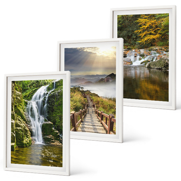 Set di 3 quadri cascate montagne nuvole autunno