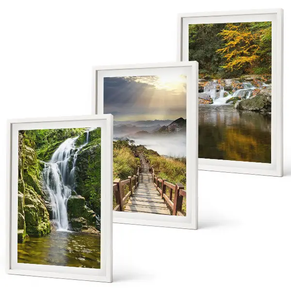 Set di 3 quadri con paesaggio autunnale di cascate, montagne e nuvole