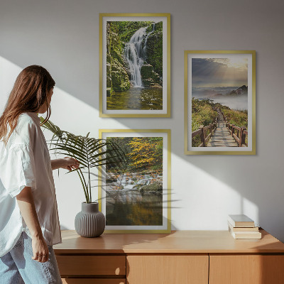 Set di 3 quadri cascate montagne nuvole autunno