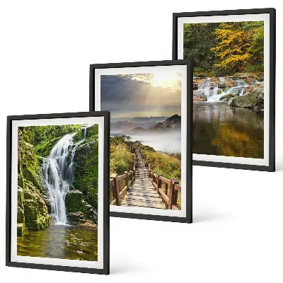 Set di 3 quadri con paesaggio autunnale di cascate, montagne e nuvole