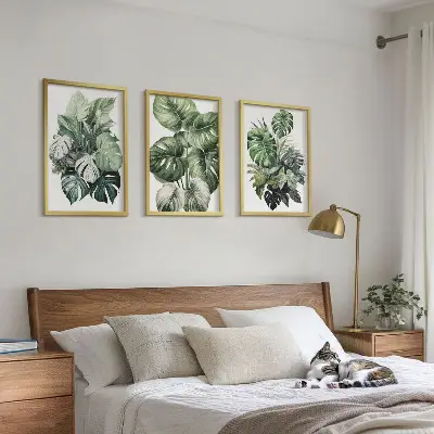 Set di 3 quadri con foglie tropicali verdi ad acquerello