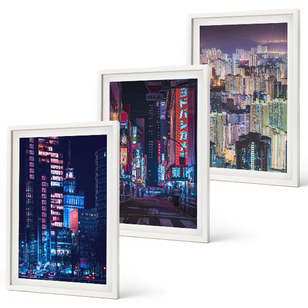 Set di 3 quadri Luci al neon della città notturna