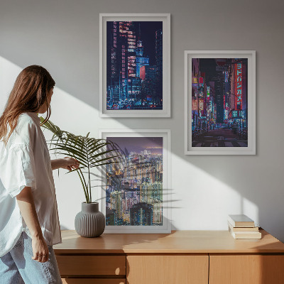 Set di 3 quadri Luci al neon della città notturna