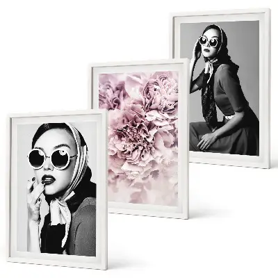 Set di quadri incorniciati con eleganti ritratti di donne e fiori