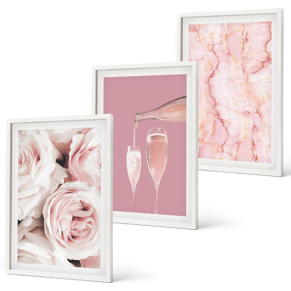 Set di 3 quadri Rose color champagne su sfondo marmo