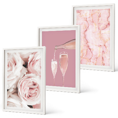 Set di 3 quadri Rose color champagne su sfondo marmo