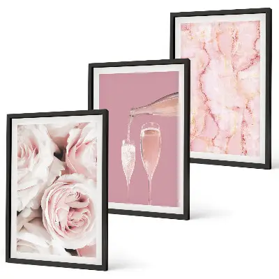 Set di 3 quadri con rose color champagne su sfondo marmo