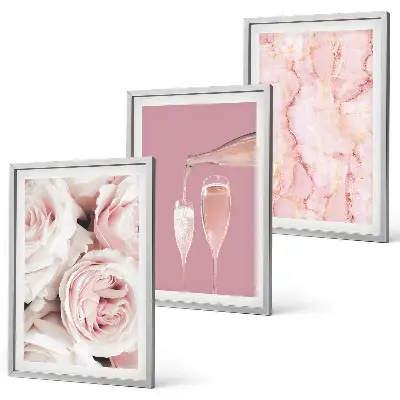 Set di 3 quadri con rose color champagne su sfondo marmo