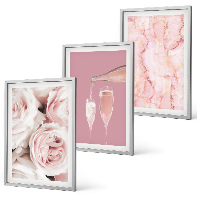 Set di 3 quadri Rose color champagne su sfondo marmo
