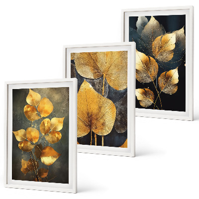 Set di 3 quadri Foglie gialle su sfondo scuro