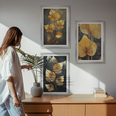 Set di 3 quadri Foglie gialle su sfondo scuro