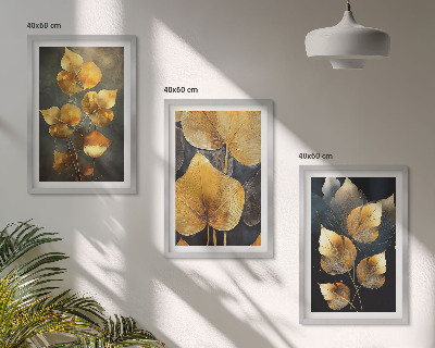 Set di 3 quadri Foglie gialle su sfondo scuro