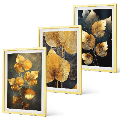 Set di 3 quadri Foglie gialle su sfondo scuro