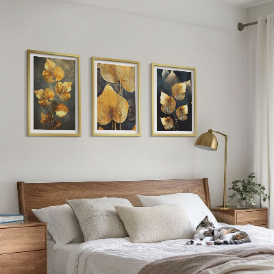 Set di 3 quadri Foglie gialle su sfondo scuro