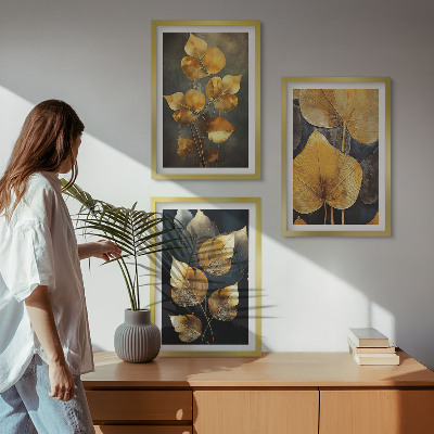Set di 3 quadri Foglie gialle su sfondo scuro