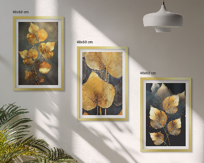 Set di 3 quadri Foglie gialle su sfondo scuro