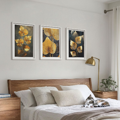 Set di 3 quadri Foglie gialle su sfondo scuro