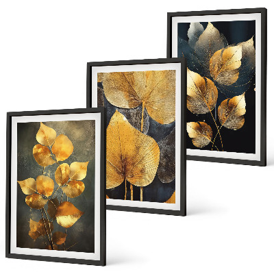 Set di 3 quadri Foglie gialle su sfondo scuro