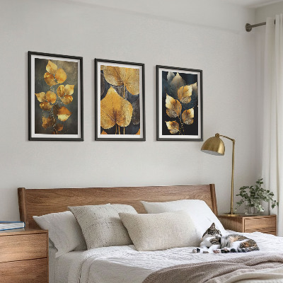 Set di 3 quadri Foglie gialle su sfondo scuro
