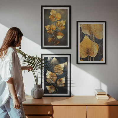 Set di 3 quadri Foglie gialle su sfondo scuro