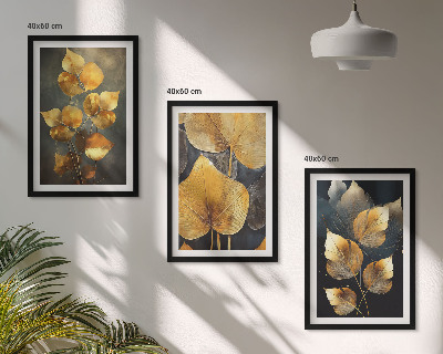 Set di 3 quadri Foglie gialle su sfondo scuro
