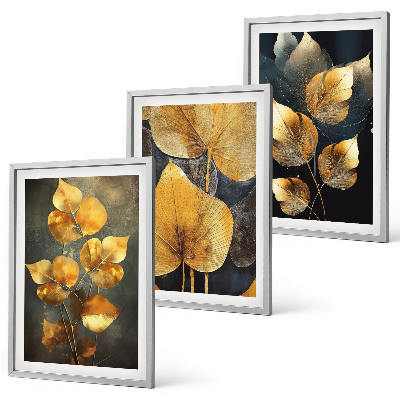 Set di 3 quadri Foglie gialle su sfondo scuro
