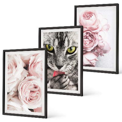 Composizione di quadri Gatto tra i fiori rosa