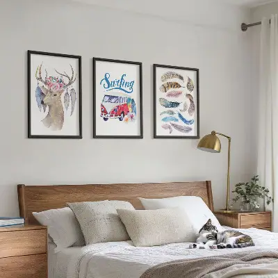 Set di 3 quadri con fiori e corna di cervo