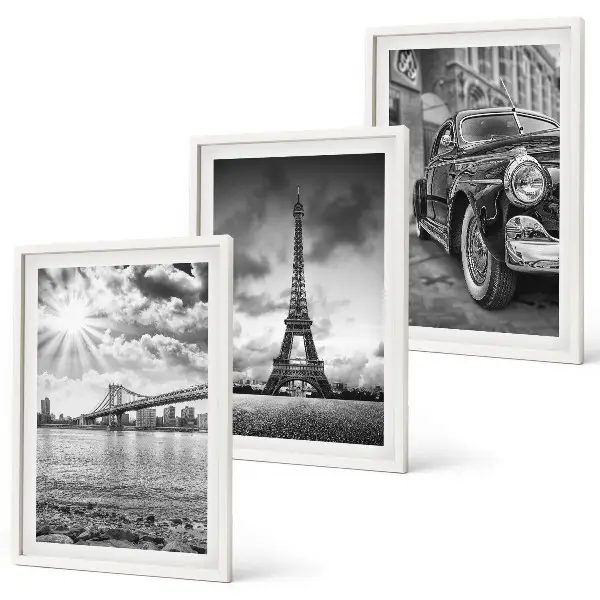 Composizione di quadri con panorami di città, ponti e la Torre Eiffel