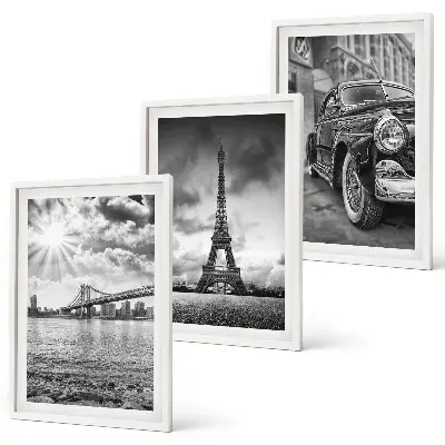 Composizione di quadri con panorami di città, ponti e la Torre Eiffel