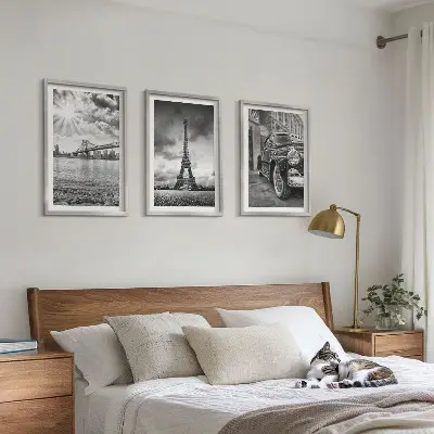 Composizione di quadri con panorami di città, ponti e la Torre Eiffel