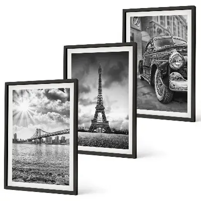 Composizione di quadri con panorami di città, ponti e la Torre Eiffel