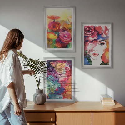Set di 3 quadri Intenso ritratto floreale di una donna