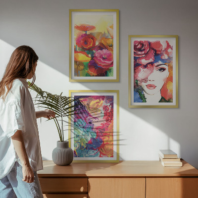 Set di 3 quadri Intenso ritratto floreale di una donna
