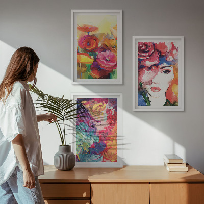 Set di 3 quadri Intenso ritratto floreale di una donna