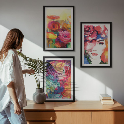 Set di 3 quadri Intenso ritratto floreale di una donna