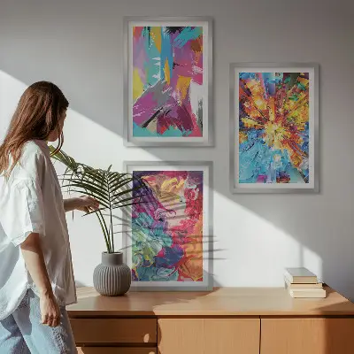 Set di 3 quadri con motivi astratti colorati dipinti