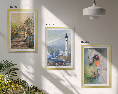 Set di 3 quadri Paesaggio faro cavallo ragazza