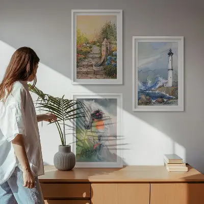 Set di 3 quadri con paesaggio, faro, cavallo e ragazza