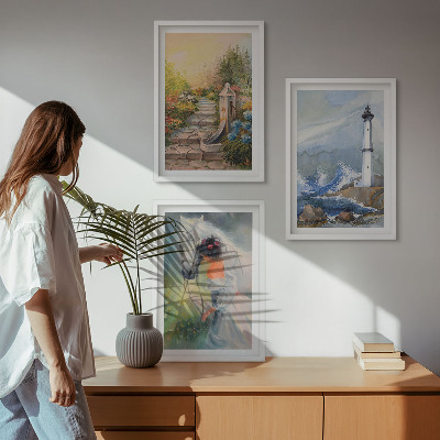 Set di 3 quadri Paesaggio faro cavallo ragazza