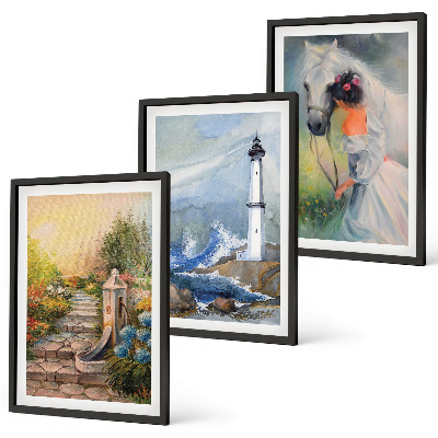 Set di 3 quadri Paesaggio faro cavallo ragazza