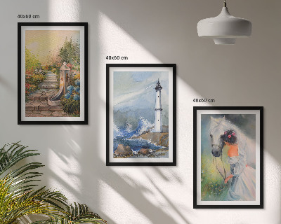 Set di 3 quadri Paesaggio faro cavallo ragazza