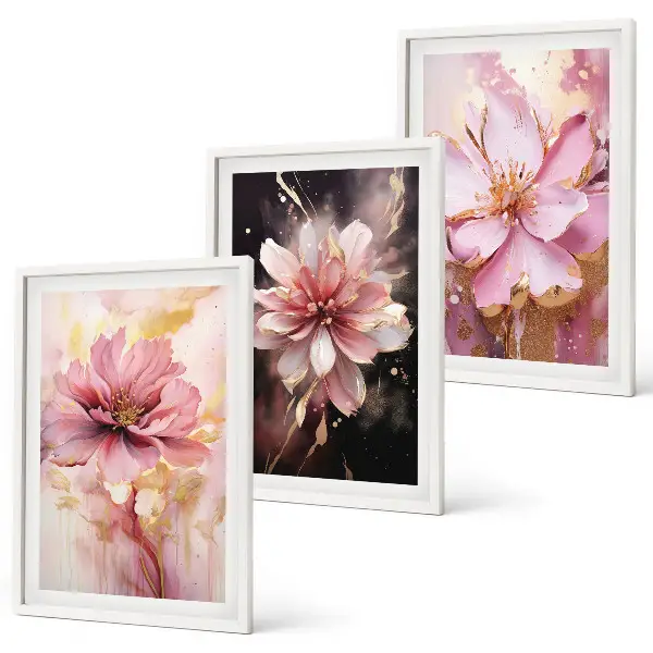 Set di 3 quadri con composizioni floreali di rose bianche