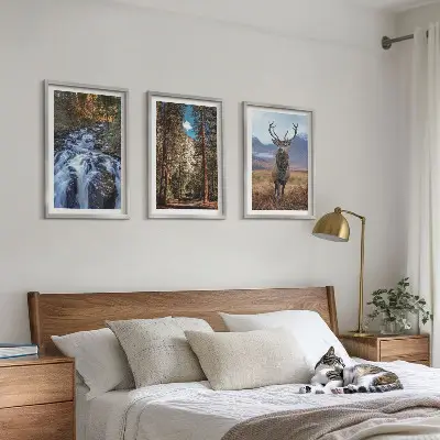 Set di 3 quadri con stampa di cascata, foresta, montagne e cervo