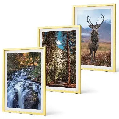 Set di 3 quadri con stampa di cascata, foresta, montagne e cervo