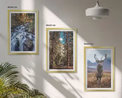 Set di 3 quadri con stampa di cascata, foresta, montagne e cervo