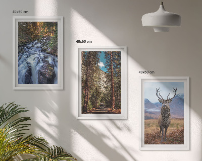 Set di 3 quadri cascata foresta montagne cervo natura